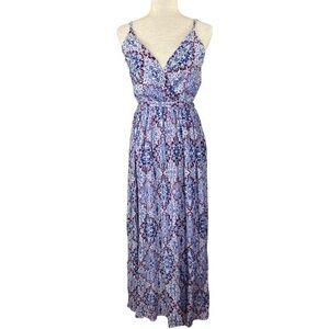 SIM & SAM WOMAN’S FLORAL RED BLUE V NECK SPAGHETTI STRAP MAXI DRESS SZ M